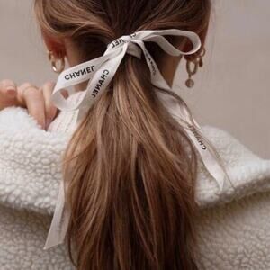 Chanel ribbon for hair 36 inches white with black lettering